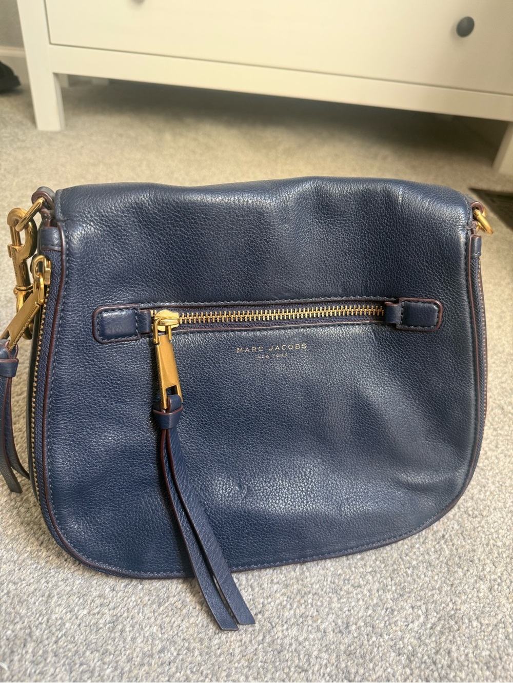 Marc Jacobs Navy Pebbled Leather Shoulder Bag with Gold Hardware